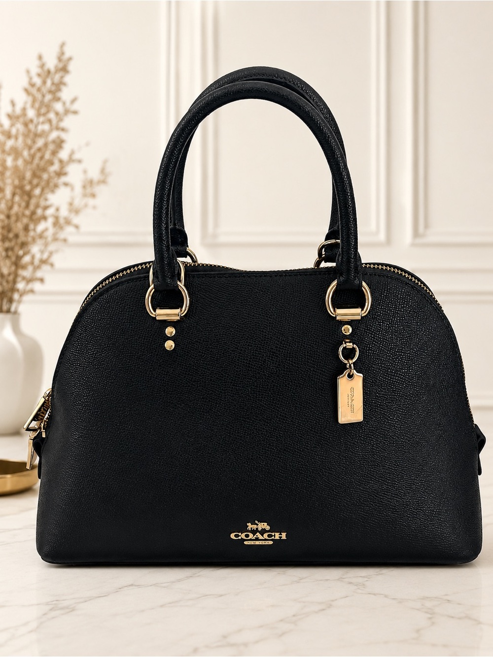 Coach Black Leather Dome Satchel Zip Top Gold Hardware Handbag